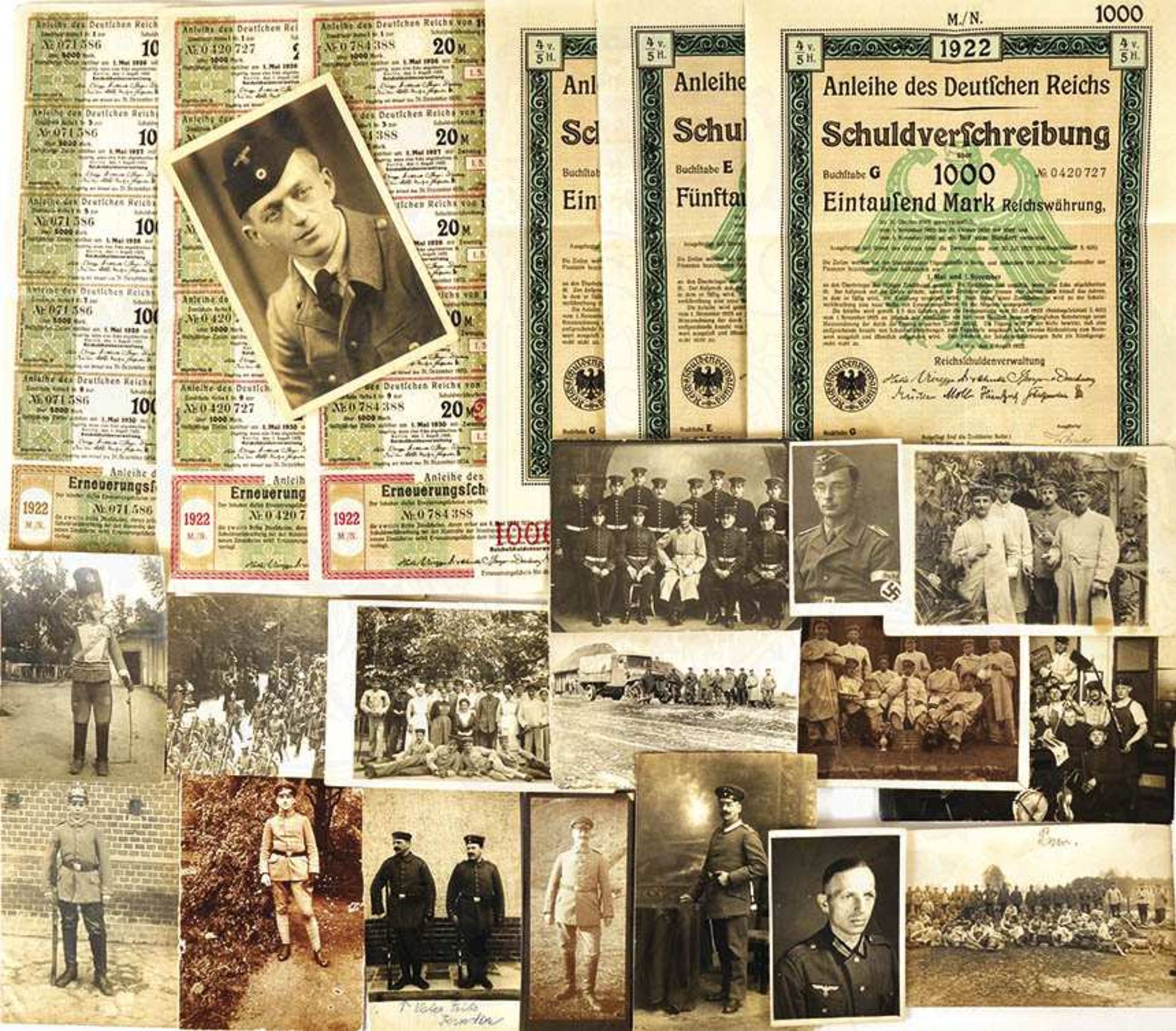 KONVOLUT, u. a. 20 Fotos 1. WK, meist AK-Format; Uniformfotos 3. Reich; Postkarten u. Briefe 1877-