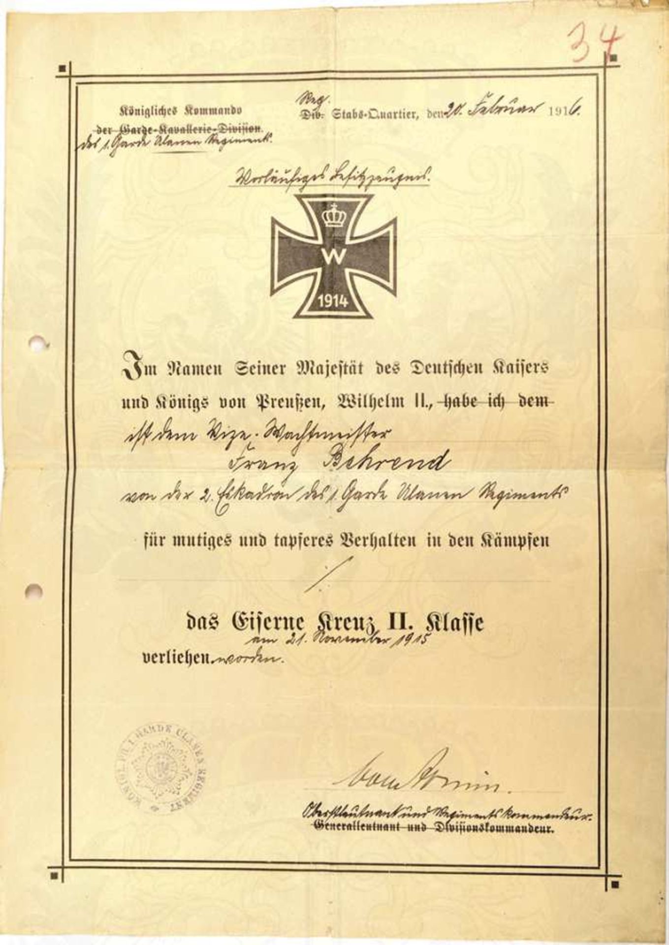 VORLÄUFIGES BESITZZEUGNIS EK II 1914, Vordruck d. Kgl. Kdos. d. Garde-Kavallerie-Division, f. e.