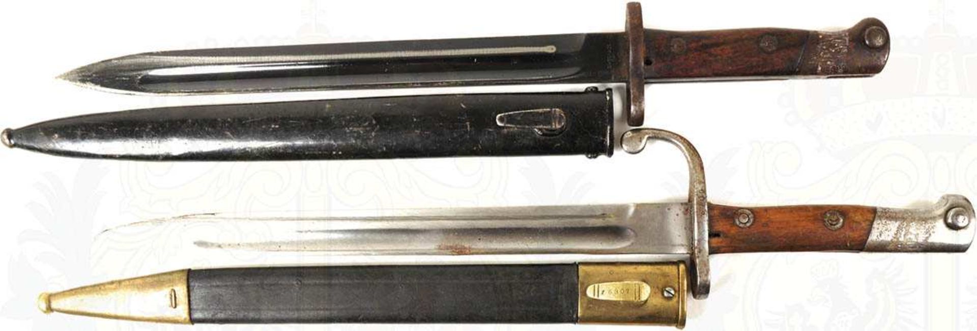 2 MAUSERBAJONETTE, Brasilien M 1908, blanke Klinge, Rücken m. undeutlicher Punze, eiserne, gebog.