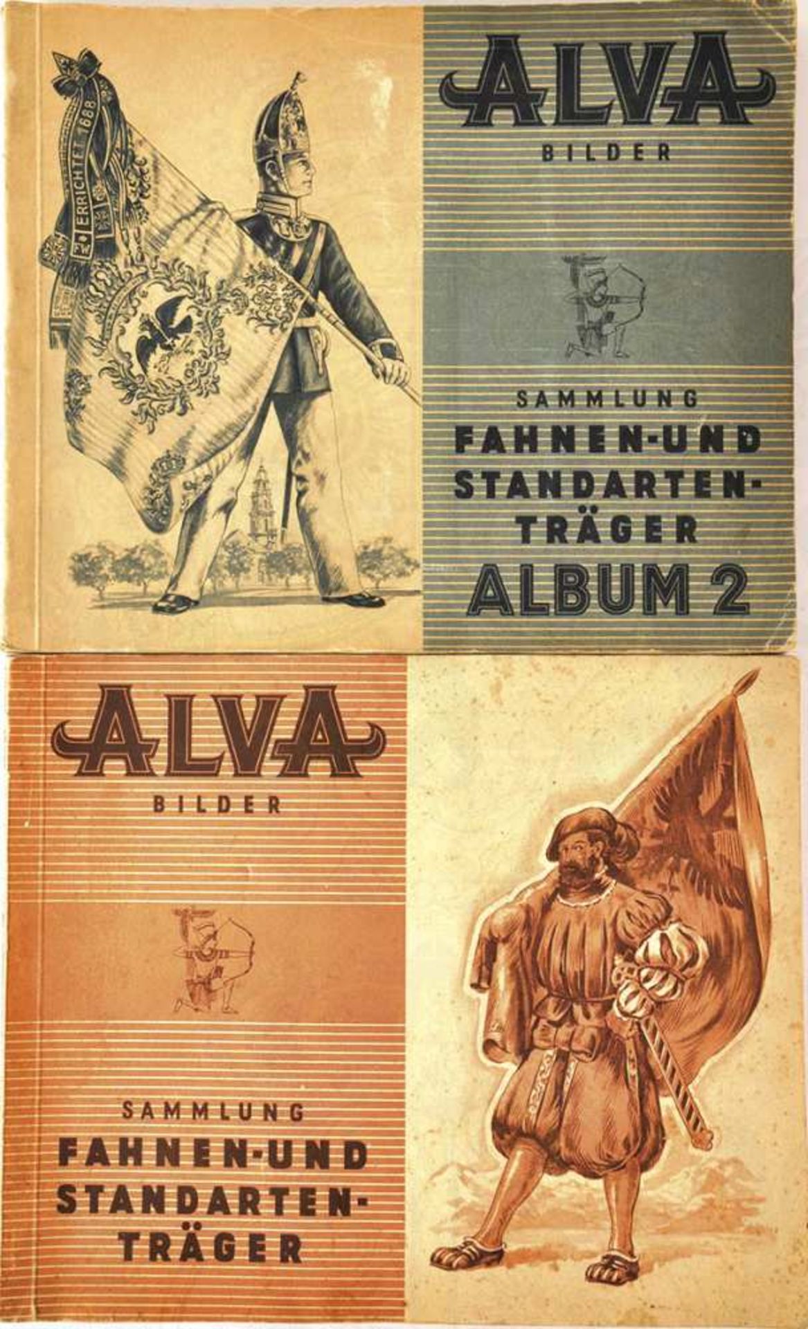 FAHNEN- UND STANDARTENTRÄGER, Album 1 u. 2, Alva Cig.-Co., Bremen 1933, zus. 398 farb. Bilder, kpl.,