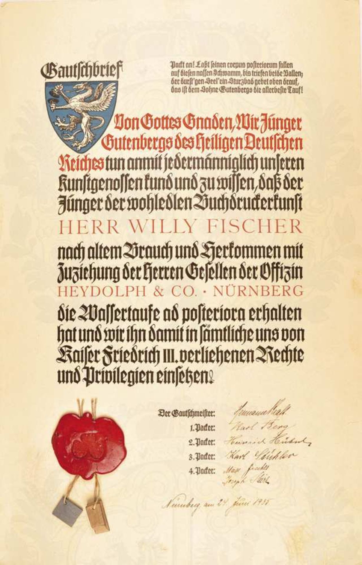 GAUTSCHBRIEF, ausgestellt f. e. Buchdrucker d. Fa. Heydolph & Co. Nürnberg, 24. Juni 1935, großf.