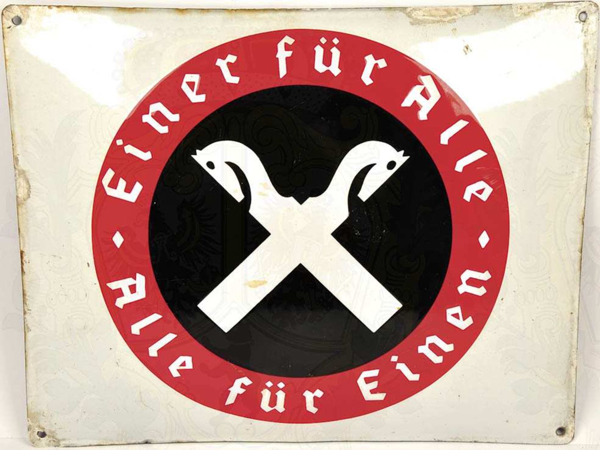 FILIAL-SCHILD RAIFFEISEN-BANK, Stahlblech, s/w/r emaill., Emblem u. Schriftzug "Einer für alle ...",