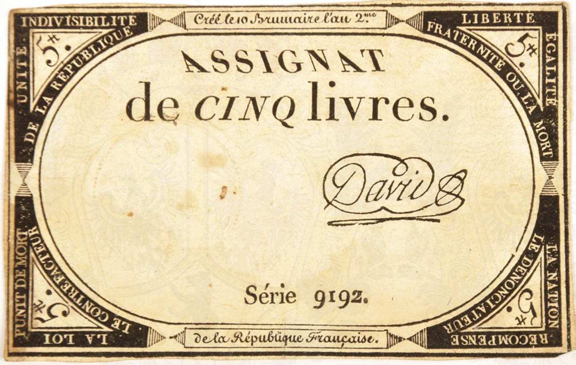 FRANKREICH, ASSIGNAT ZU 5 LIVRE, a. d. Zeit d. franz. Revolution, s/w gedruckt, 95x60 mm,