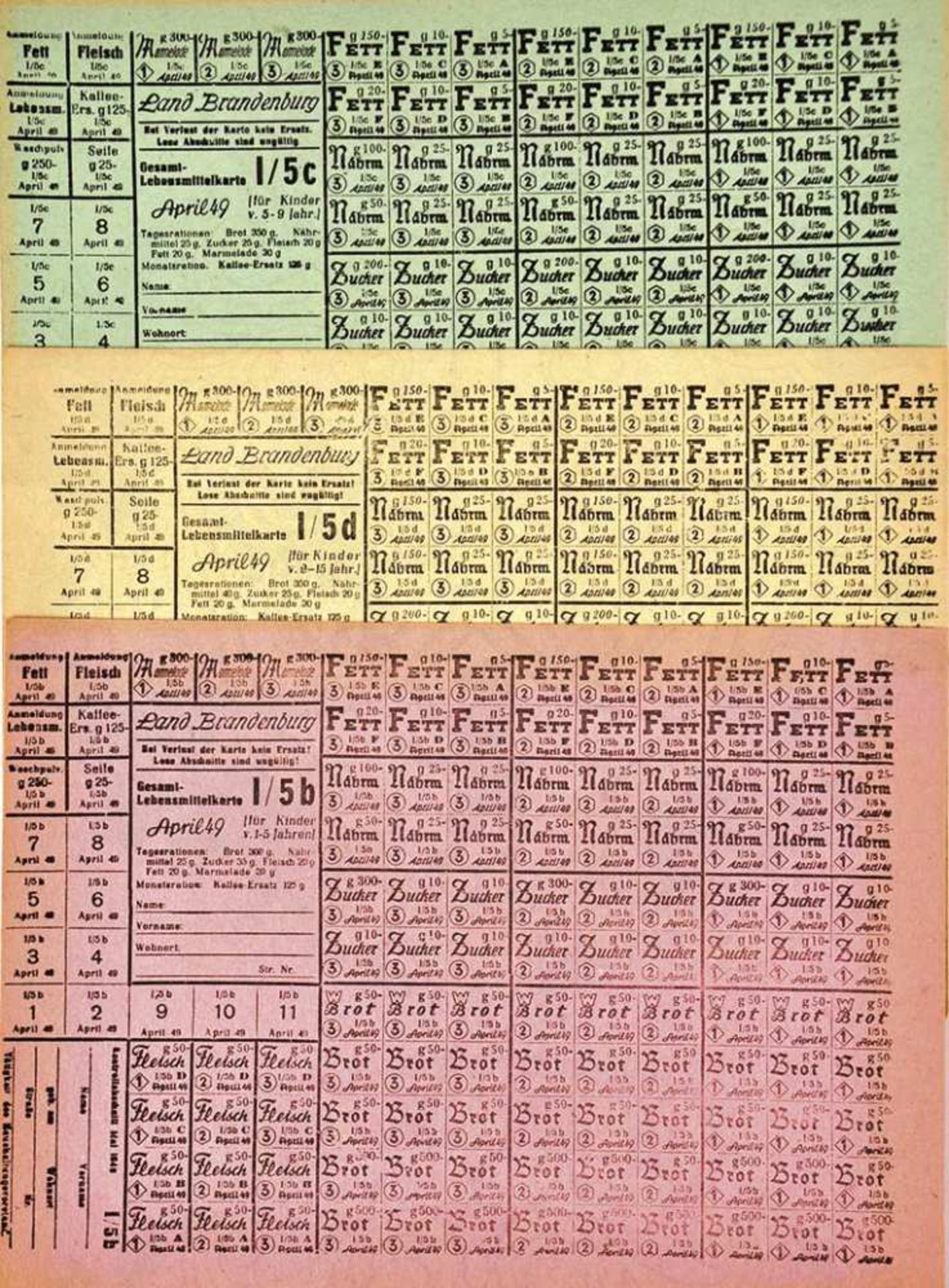 3 LEBENSMITTELKARTEN LAND BRANDENBURG, f. Kinder (in 3 Stufen, 1-15 Jahre), April 1949, etw. A 5,