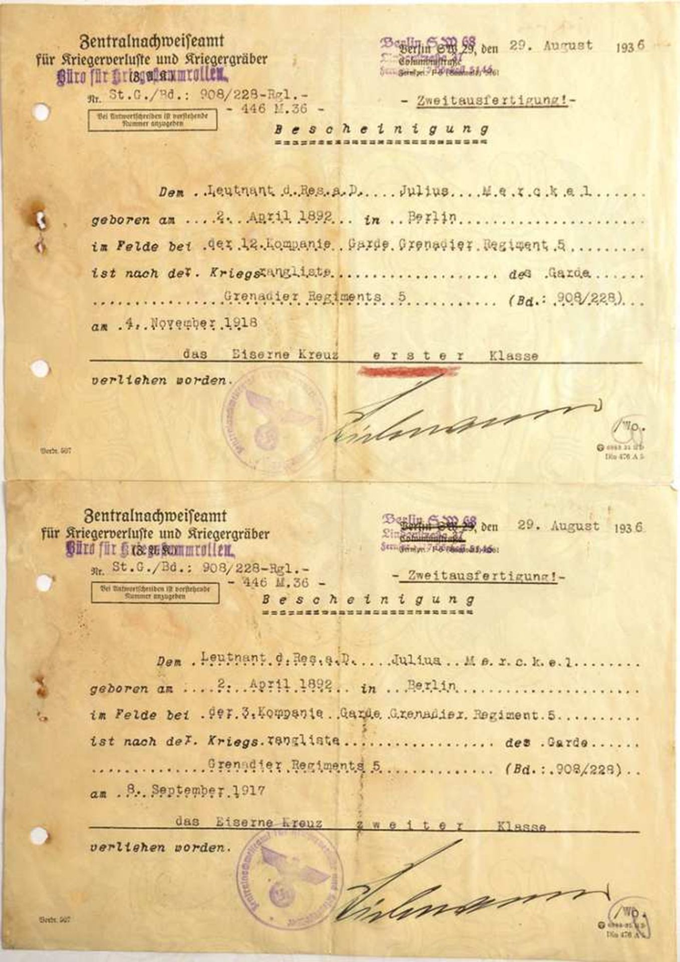 2 BESCHEINIGUNGEN ZUM EK I UND EK II 1914, f. e. Leutnant d. Res. d. 12. Kp./Garde-Grenadier-Rgt.