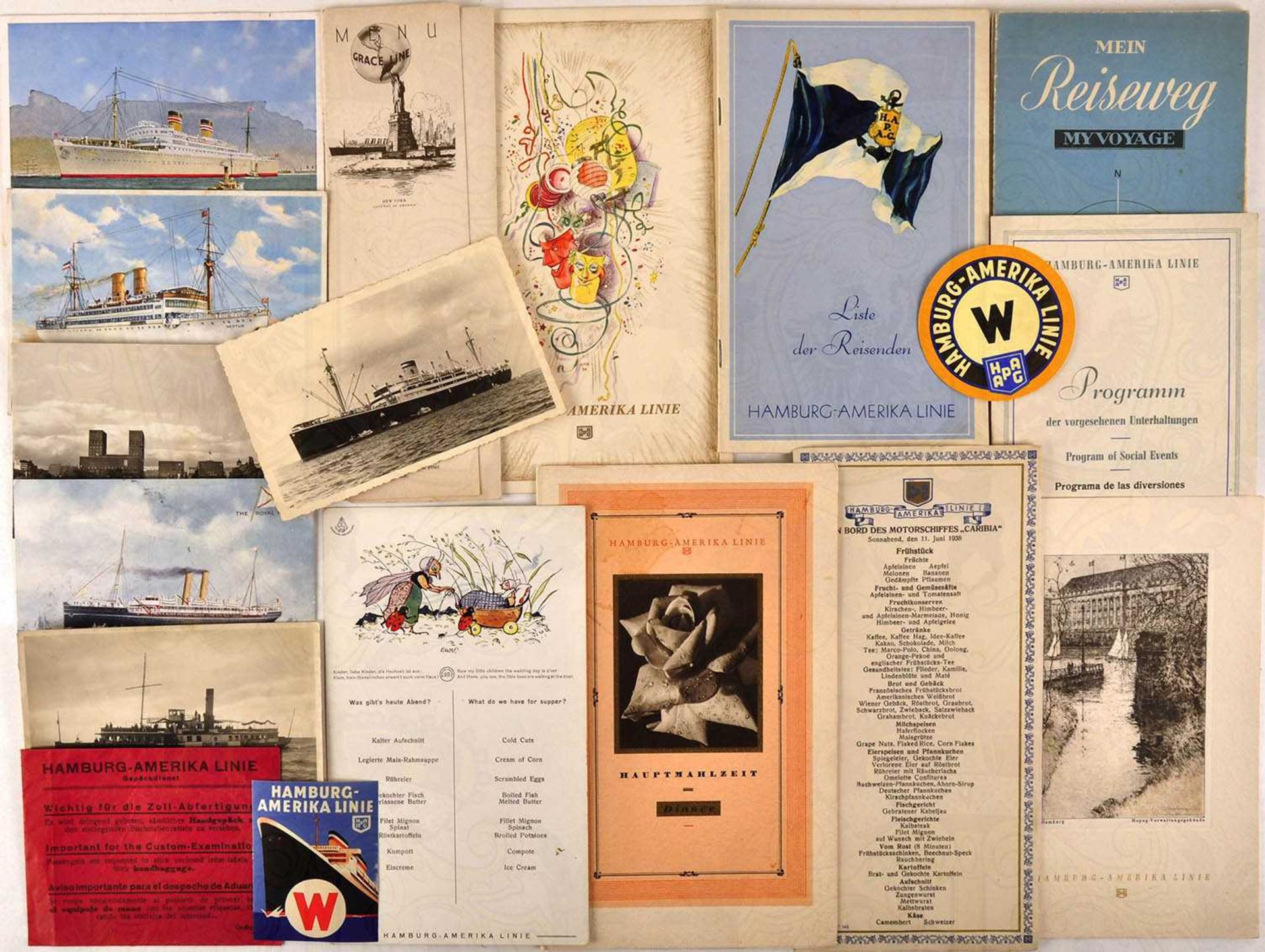 KONVOLUT: 8 Menü- bzw. Bordprogrammkarten der Hamburg-Amerika-Linie, 2 Listen der Reisenden,
