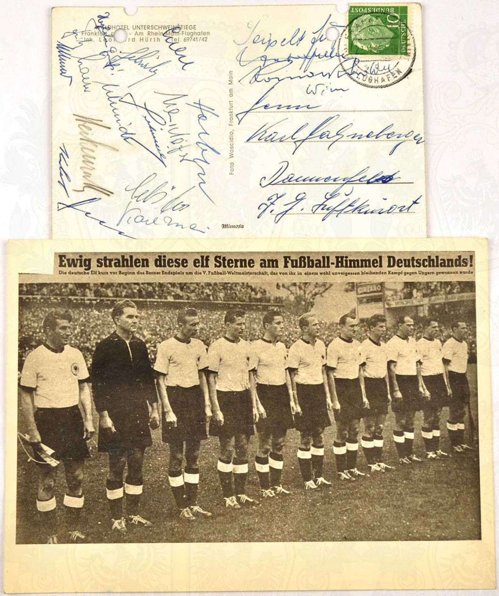 DEUTSCHE FUßBALL-NATIONALMANNSCHAFT 1955, 16 handschr. Autogramme, gegeben nach dem Länderspiel