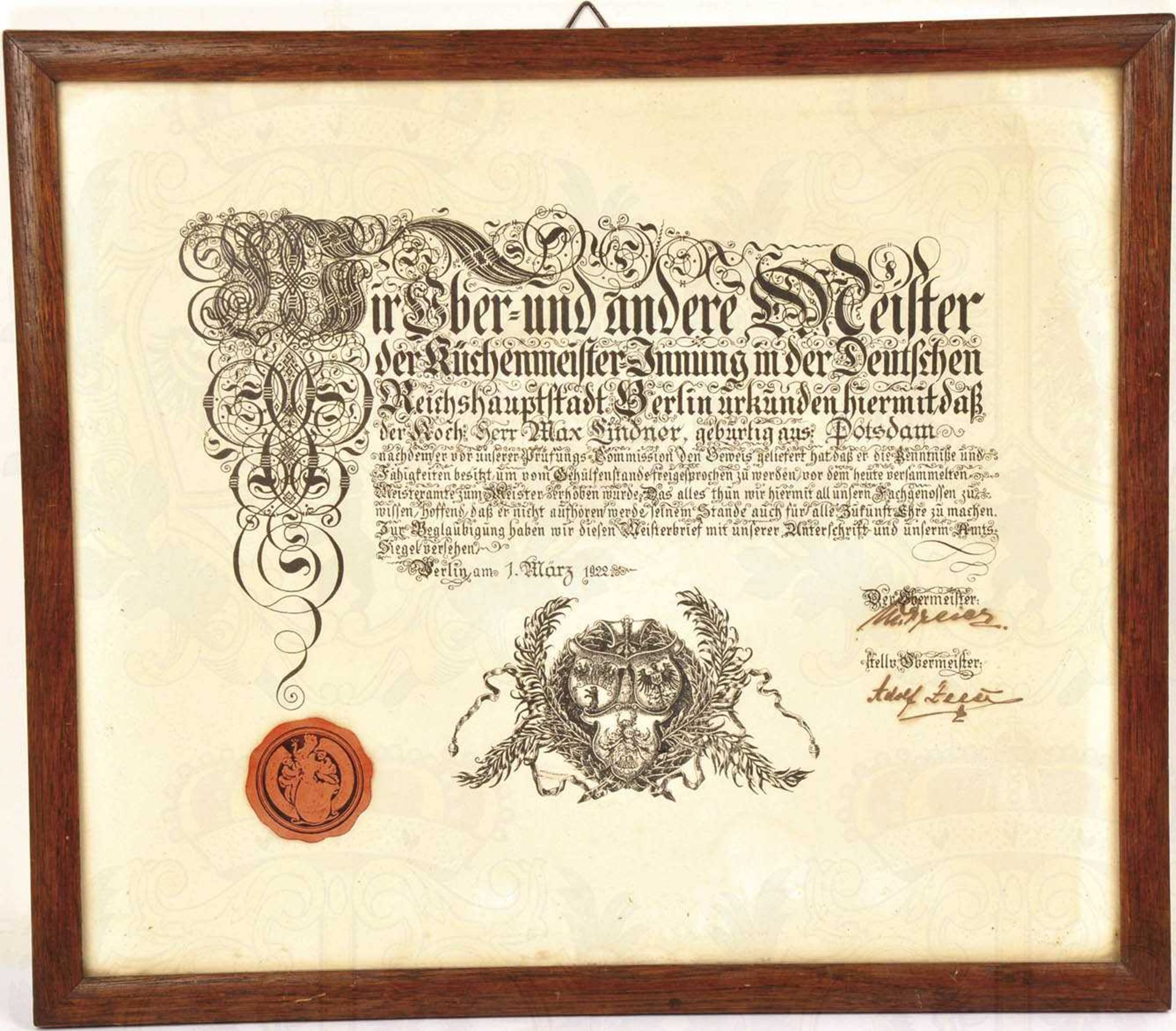 MEISTERBRIEF EINES KÜCHENMEISTERS, s/w gedruckte Urkunde im Stil d. 18. Jhds., ausgestellt 1.3.1922,