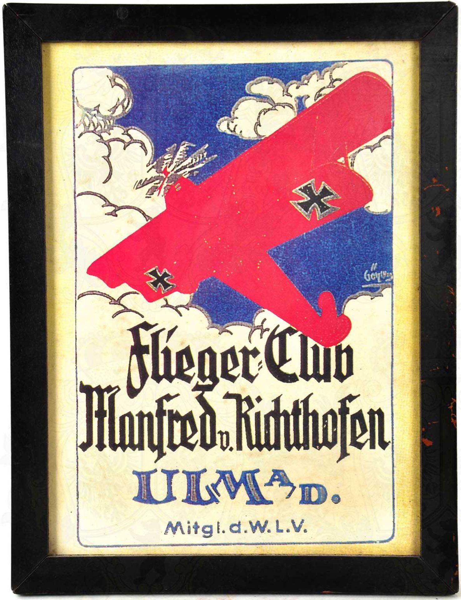 WERBEPLAKAT "FLIEGER-CLUB MANFRED V. RICHTHOFEN", Ulm, farb. Druck, Darst. e. Jagd-Doppeldeckers