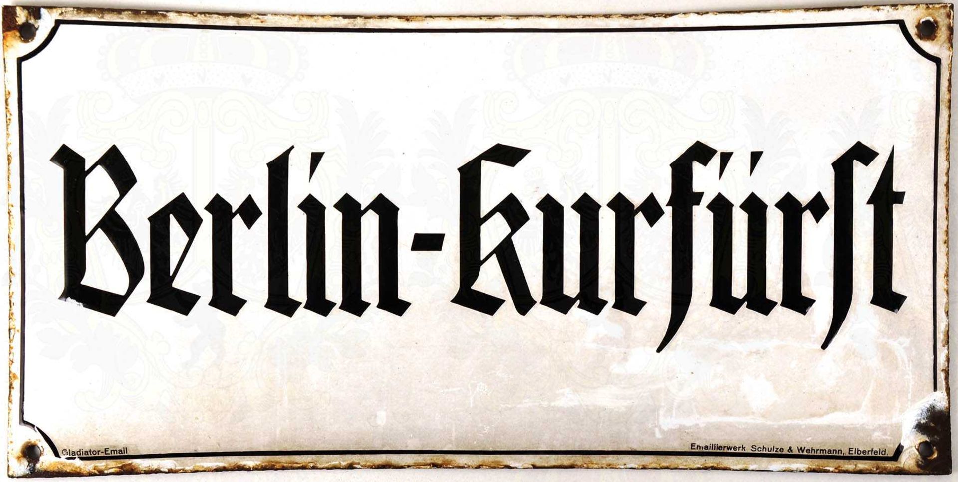 SCHILD "BERLIN-KURFÜRST", (Fernsprech-Amt), um 1930, Stahlblech, s/w emaill., 40x20 cm, 4 Bef.-