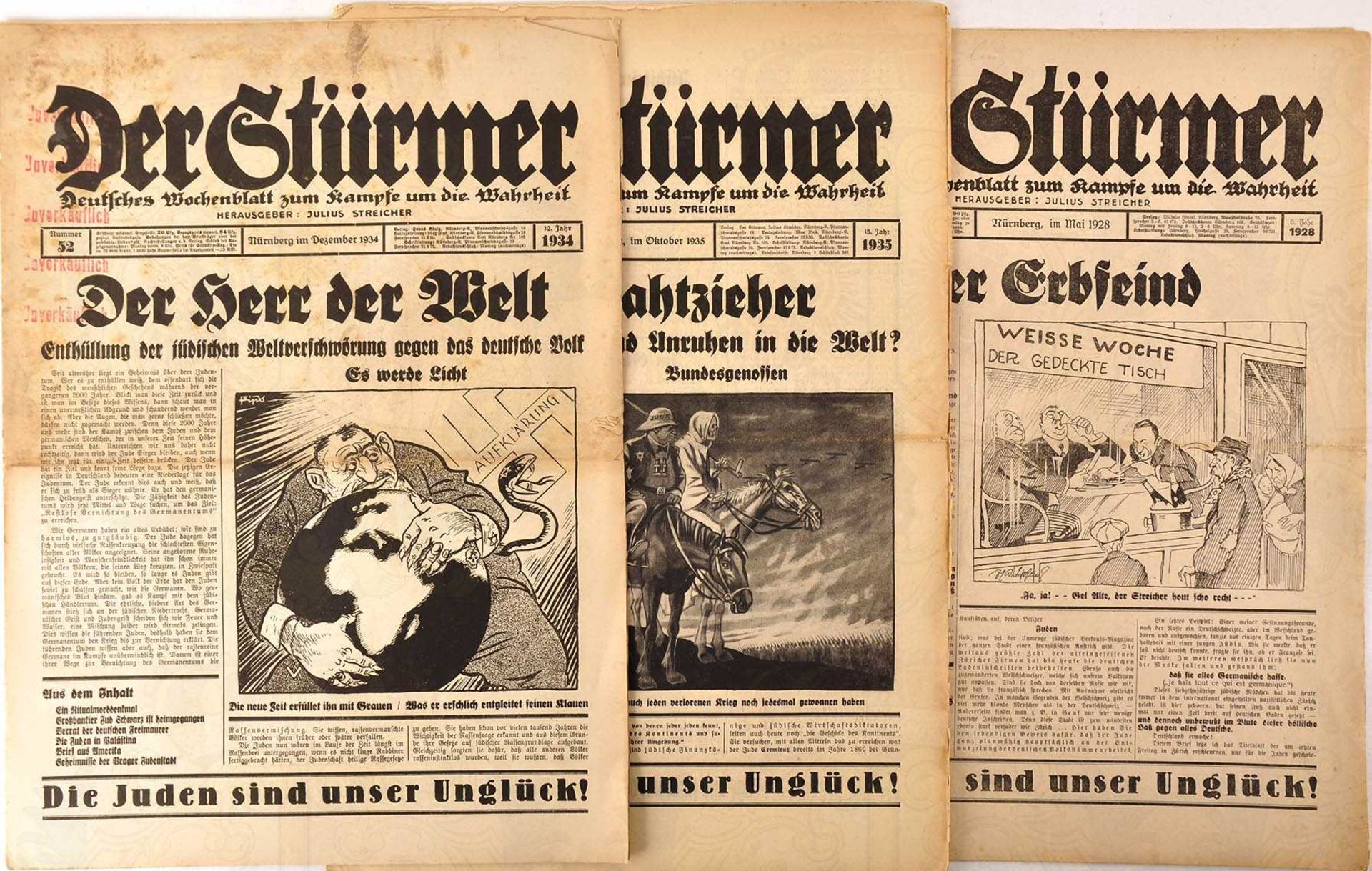 DER STÜRMER, 3 Ausgaben: Mai 1928 (verm. unkpl.), S. lose; Dez. 1934 u. Okt. 1935, alle m.
