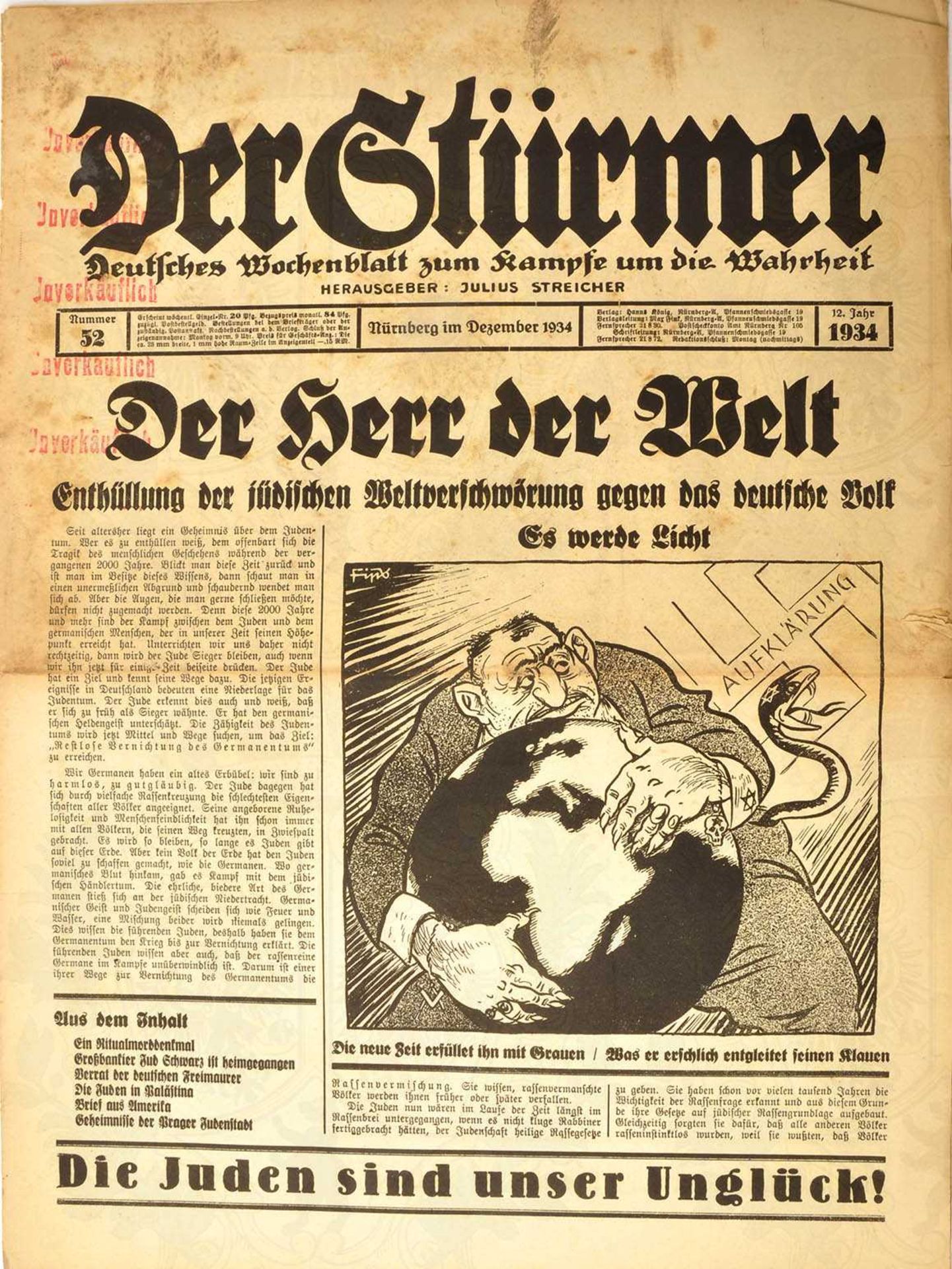 DER STÜRMER, 3 Ausgaben: Mai 1928 (verm. unkpl.), S. lose; Dez. 1934 u. Okt. 1935, alle m. - Image 2 of 3