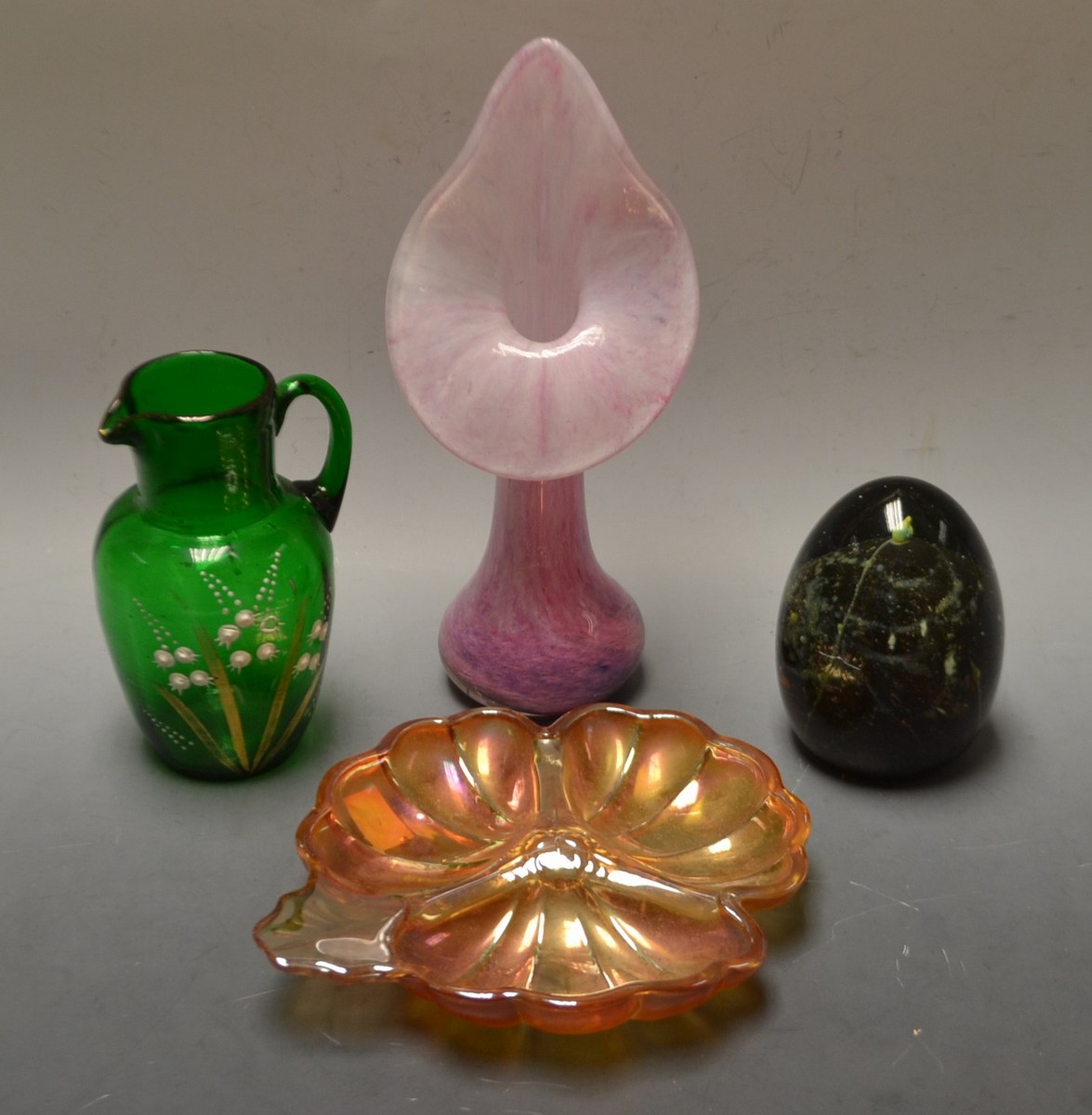 A Medina paperweight; a Carnival glass dish; a Jack in the Pulpit vase;