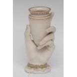A Royal Worcester Parian spill vase, as a hand holding a vase, jewelled bracelet, 15cm high,