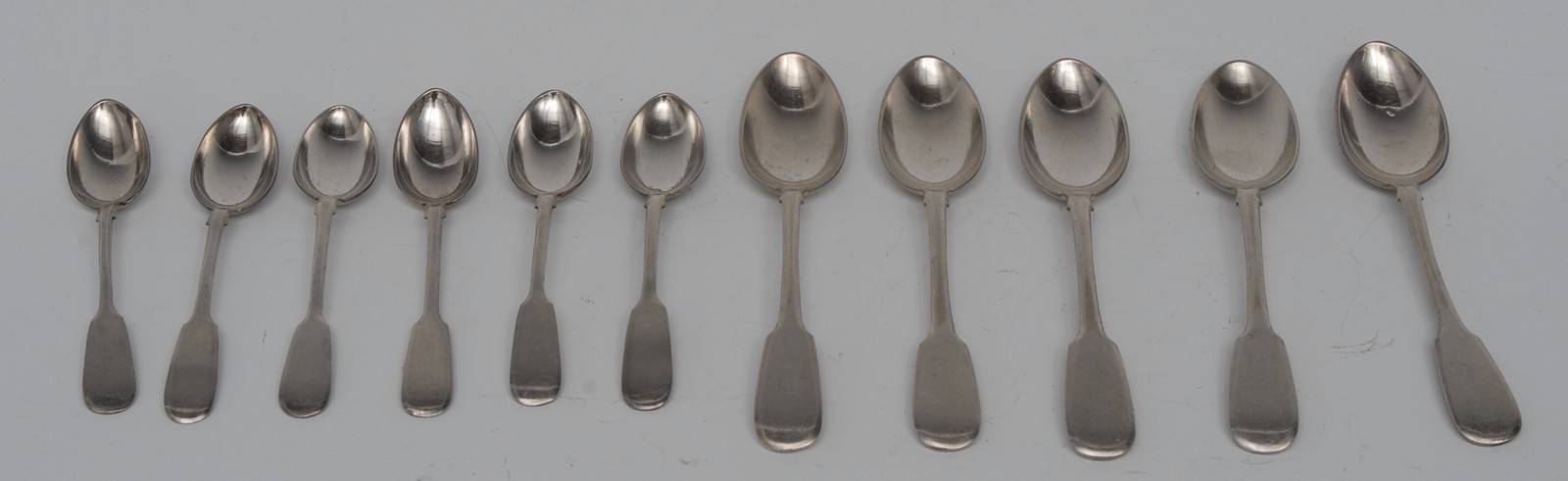 A set of five 19th century Russian silver Fiddle pattern teaspoons, Sm.