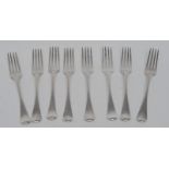 A set of eight George III Provincial silver Old English pattern table forks, John Langlands II,
