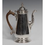 A George II silver slender baluster coffee pot, hinged domed cover with knop finial,