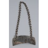 A George III silver coloured metal curved rectangular cut-out wine label, white wine, 3.