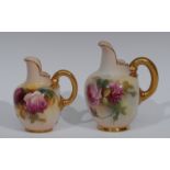 A Royal Worcester flat sided jug, painted by Millie Hunt, with yellow and pink cabbage roses,