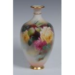 A Royal Worcester ovoid vase, painted by M Lander, signed, with red and yellow cabbage roses, 21.