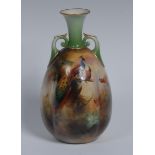 A Royal Worcester Hadley Ware two-handled lobed bottle vase, painted by C V White, signed,