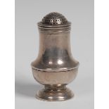 A George I silver pear shaped bun top pepper, centre girdle, moulded foot, 8cm high, Samuel Wood,