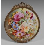 An English Porcelain circular plaque, painted by B Palin, signed,  with colourful summer flowers,