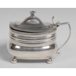 A George III silver boat shaped mustard, hinged domed cover with knop finial, gadrooned rim,
