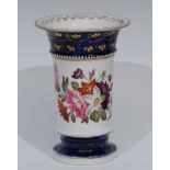 An English Porcelain flared cylindrical vase, painted with summer flowers beaded borders,