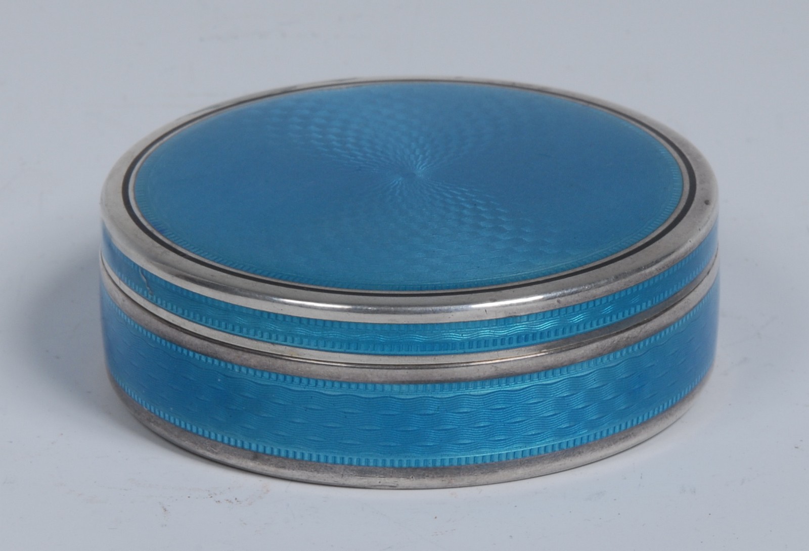 A French silver and blue guilloche enamel circular table snuff box, push-fitting cover,