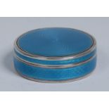 A French silver and blue guilloche enamel circular table snuff box, push-fitting cover,