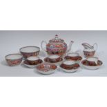 A Newhall Mandarin pattern teapot, milk jug, sugar, slop bowl, six  tea bowls and saucers,