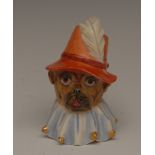 A rare Royal Worcester candlesnuffer, Toby, he wears a grey feathered hat and ruff, 9cm high,