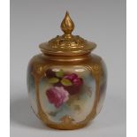 A Royal Worcester lobed ovoid pot pourri and cover, painted with red and yellow cabbage roses,