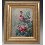 An English Porcelain rectangular plaque, painted with peonies and foliage, indistinctly signed, 39.