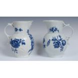 A Worcester cabbage leaf moulded mask jug, printed in underglaze blue with the flowers,