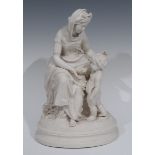 A Parian figure group, of a mother and cherub, she seated wearing flowing robes,