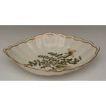 A Derby Botanical navette shaped dish, painted with Catesbaea Spinosa, Thorny Catesbaea,