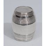 A George III silver novelty nutmeg grater, as a barrel, push fitting cover enclosing a steel rasp,