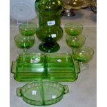 Glassware - green glass vase; Sundae dishes; dressing table tray;
