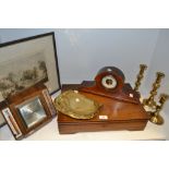 Household Goods - an oak cutlery box; a pair of brass candlesticks; a mahogany mantel barometer;