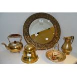 Brassware - an Indian brass framed circular mirror; a brass cigarette box in the form of a Capstan;