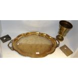 A Persian brass twin handled shaped oval tray; a pedestal  vase;