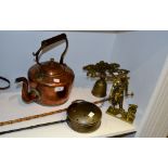 Copper and Brass - a copper kettle; a brass bell; a brass chestnut warmer;