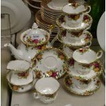 A Royal Albert Old Country Rose pattern tea service for six, including Teapot, milk jug, sugar bowl,