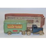 A Tri-ang Minic  tinplate and clockwork articulated lorry, blue cab, green trailer,