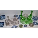 A green glass dressing table set c.