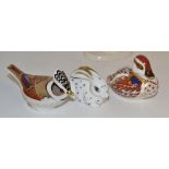 A Royal Crown Derby Collectors Guild, Crested Tit , gold stopper; a Royal Crown Derby Bunny,