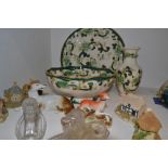 Ceramics - a Masons Chartreuse pattern plate;  a similar bowl;  a vase;  two Davidson type Lions;