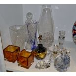 Glassware - a pair of Stuart glass candlesticks;  a decanter;